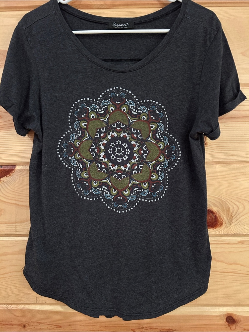 Signorelli Charcoal Short Sleeve Tee with Multicolor Mandala, Size S